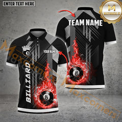 Maxcorners Billiard Grey Line Fire 8 Ball Pattern Personalized Name, Team Name 3D Polo Shirt (4 Colors)