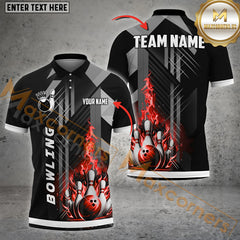 Maxcorners Grey Line Fire Bowling Ball & Pins Personalized Name, Team Name 3D Polo Shirt (4 Colors)