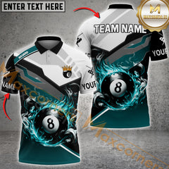 Maxcorners Billiard Grey Rhombus Fire 8 Ball Pattern Personalized Name, Team Name 3D Polo Shirt (4 Colors)