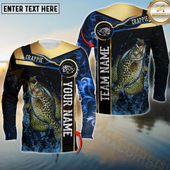 Maxcorners Crappie Fishing Golden With Blue Flame Pattern Sport Jersey Personalized Name, Team Name Long Sleeve Shirt