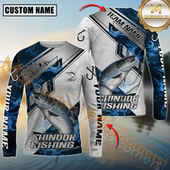 Maxcorners Chinook Fishing Blue Flame With Silver Line Hook Design Pattern Sport Jersey Personalized Name, Team Name Long Sleeve Shirt