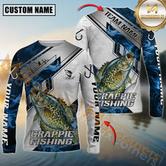 Maxcorners Crappie Fishing Blue Flame With Silver Line Hook Design Pattern Sport Jersey Personalized Name, Team Name Long Sleeve Shirt