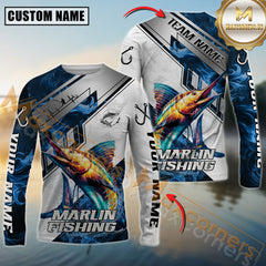 Maxcorners Marlin Fishing Blue Flame With Silver Line Hook Design Pattern Sport Jersey Personalized Name, Team Name Long Sleeve Shirt