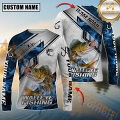 Maxcorners Walleye Fishing Blue Flame With Silver Line Hook Design Pattern Sport Jersey Personalized Name, Team Name Long Sleeve Shirt