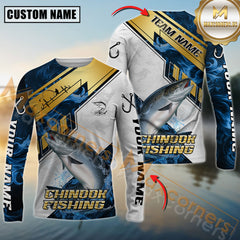 Maxcorners Chinook Fishing Blue Flame With Golden Line Hook Design Pattern Sport Jersey Personalized Name, Team Name Long Sleeve Shirt
