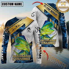 Maxcorners Mahi-Mahi Fishing Blue Flame With Golden Line Hook Design Pattern Sport Jersey Personalized Name, Team Name Long Sleeve Shirt