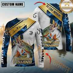 Maxcorners Pike Fishing Blue Flame With Golden Line Hook Design Pattern Sport Jersey Personalized Name, Team Name Long Sleeve Shirt