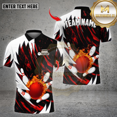 Maxcorners Bowling White Pattern Flaming Ball Impact Multicolor Options Personalized Name, Team Name Unisex 3D Shirt