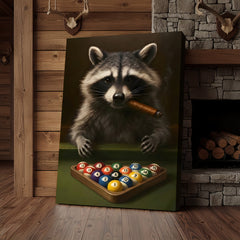 Maxcorners Funny Raccoon Pool Player Canvas – Perfect Gift for Billiards Lovers & Outdoors Men