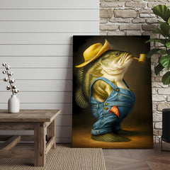 Maxcorners Funny Bass Wall Art – Farmer Fish Canvas for Fishing Lovers, Cabin & Lake House Decor