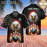 Maxcorners Eagle USA Flag Pattern Flaming Bowling Room Multicolor Customized Name, Team Name Hawaiian Shirt (4 Colors)
