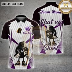 Maxcorners billiards shirt with 8 ball cartoon mascot in cap holding cue, navy and white striped design, Shut Up and Shoot slogan, custom team name and name unisex 3D shirt