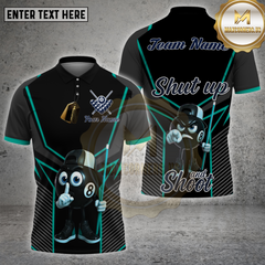 Maxcorners billiards shirt with 8 ball cartoon character holding cue stick, black and orange geometric design, slogan Shut Up and Shoot, personalized team name and name 3D polo shirt