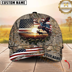 Maxcorners Hunting American Flag Moose Sunrise Farm Scene Camo Custom Name 3D Cap (6 Colors)
