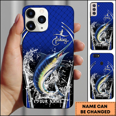 Maxcorners Marlin Fishing Splash Art Blue Background Personalized Name Phone Case