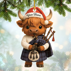 Maxcorners Personalized Scotland Ornament, Highland Cow Christmas Ornament With Bagpipes, Gift For Scottish Lover