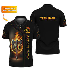 Maxcorners Custom Black Axe Throwing Team Shirt โ Flaming Target & Battle Axe Design โ Personalized Jersey for Axe Throwing Leagues & Events MT2009