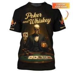 Maxcorners Custom Poker Shirt Skeleton Tuxedo Whiskey Night Tee Gift for Men, Gifts Poker Team PlayerLM1009