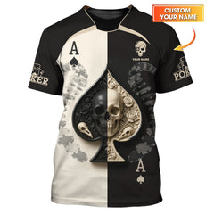 Maxcorners Custom Poker Shirt, Skull Spade Card Tee Black White Casino Style Gifts Poker PlayerLM1009