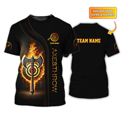 Maxcorners Custom Black Axe Throwing Team Shirt โ Flaming Target & Battle Axe Design โ Personalized Jersey for Axe Throwing Leagues & Events MT2009