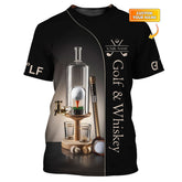 Maxcorners Custom Black & Gold Golf Shirt – Whiskey Dispenser Bottle with Golf Ball Design – Personalized Golf & Whiskey Apparel for Men