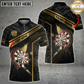Maxcorners darts shirt with gold strike line design, customizable 3D polo shirt for teams and players.