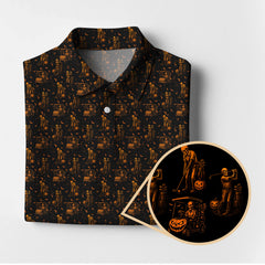 Maxcorners Halloween Skeleton Golf Shirt, Funny Pattern Golf Polos For Men, Spooky Golf Cart & Pumpkin Shirts