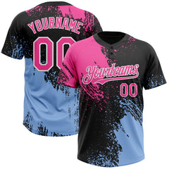 Maxcorners Custom Black Pink-Light Blue 3D Pattern Abstract Brush Stroke Two-Button Unisex Softball Jersey LM0609