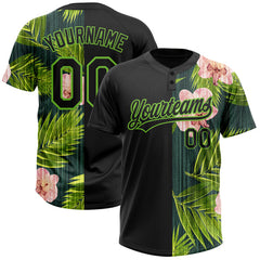 Maxcorners Custom Black Neon Green 3D Pattern Hawaii Tropical Palm Leaves With Orchids Two-Button Unisex Softball Jersey
LM0609
