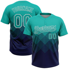Maxcorners Custom Aqua Navy-White 3D Gradient Square Shape Two-Button Unisex Softball Jersey
LM0609