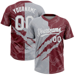 Maxcorners Custom Graffiti Pattern White Burgundy-Gray 3D Scratch Two-Button Unisex Softball Jersey LM0609