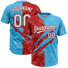 Maxcorners Custom Graffiti Pattern White Sky Blue-Red 3D Scratch Two-Button Unisex Softball Jersey LM0609