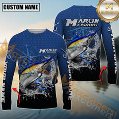 Maxcorners Marlin Fishing Jumping Fish Splash Effect Personalized Name 3D Long Sleeve Shirt