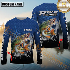 Maxcorners Pike Fishing Jumping Fish Splash Effect Personalized Name 3D Long Sleeve Shirt