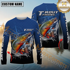 Maxcorners Trout Fishing Jumping Fish Splash Effect Personalized Name 3D Long Sleeve Shirt