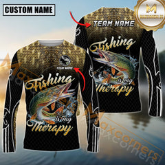 Maxcorners Fishing Shirt Pike Graphic Therapy Quote Dark Camo Personalized Name, Team Name 3D Long Sleeve Shirt