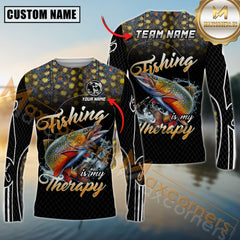 Maxcorners Fishing Shirt Trout Graphic Therapy Quote Dark Camo Personalized Name, Team Name 3D Long Sleeve Shirt