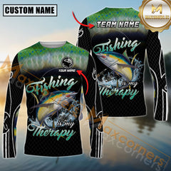 Maxcorners Fishing Shirt Tuna Graphic Therapy Quote Dark Camo Personalized Name, Team Name 3D Long Sleeve Shirt