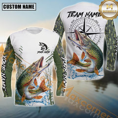 Maxcorners Pike Fishing Shirt Compass Design Splash Effect White-Green Personalized Name, Team Name 3D Long Sleeve Shirt