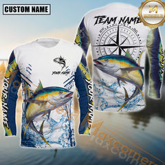 Maxcorners Tuna Fishing Shirt Compass Design Splash Effect White-Green Personalized Name, Team Name 3D Long Sleeve Shirt