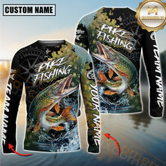Maxcorners Pike Fishing Jumping Fish 3D Printed Personalized Name, Team Name Long Sleeve Fishing Jersey