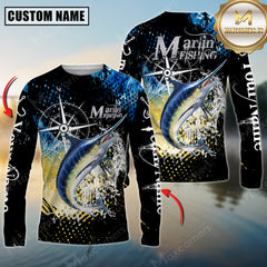 Maxcorners Marlin Fishing Compass Splash 3D Personalized Name, Team Name Long Sleeve Shirt
