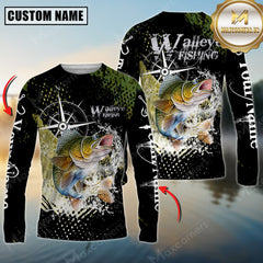 Maxcorners Walleye Fishing Compass Splash 3D Personalized Name, Team Name Long Sleeve Shirt