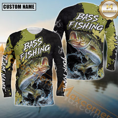 Maxcorners Bass Fishing Shirt Camo Splash Design Personalized Name, Team Name 3D Long Sleeve Shirt