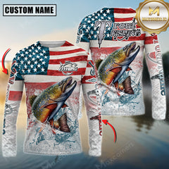 Maxcorners Trout Fishing American Flag Splash Design Personalized Name, Team Name 3D Long Sleeve Shirt