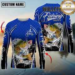 Maxcorners Silver Walleye Fishing Makes Me Happy Splashing Water Personalized Name, Team Name 3D Long Sleeve Shirt