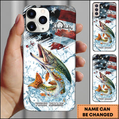 Maxcorners Pike Fishing American Flag Splash Art Personalized Name Phone Case