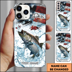 Maxcorners Striped Bass Fishing American Flag Splash Art Personalized Name Phone Case