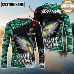 Maxcorners Tuna Fishing Camo Pattern Custom Graphic Personalized Name, Team Name 3D Long Sleeve Shirt