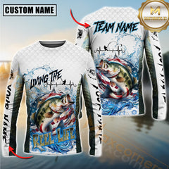 Maxcorners Bass Fishing Jersey Patriotic Reel Life Design Personalized Name, Team Name 3D Long Sleeve Shirt